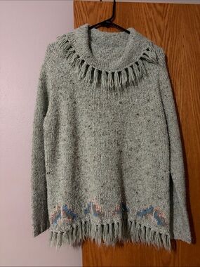 Koret Sage Fringe Turtleneck Sweater with Multicolor Border